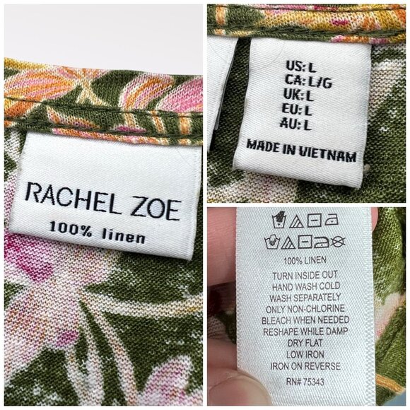Rachel Zoe Linen Floral Top Green Pink Short Sleeve V Neck Blouse Size Large - Picture 3 of 8